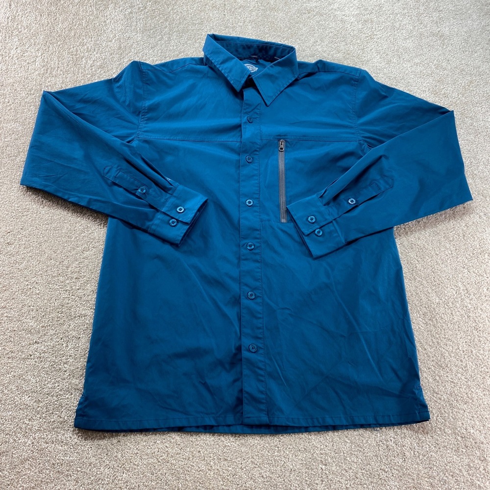 Dickies‎ Performance Shirt Mens Large Blue Long Sleeve Zip Pocket Button Up